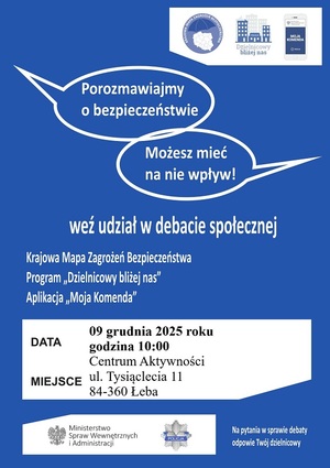 plakat. Na granatowym tle widnieje wydrukowane w białym kolorze zaproszenie do udziału w debacie społecznej