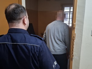 w celu stoi mężczyzna skierowany tyłem do obiektywu. Za nim przy otwartych drzwiach celi stoi policjant służby dyżurnej