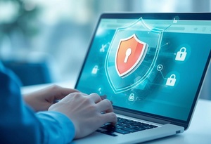 męskie ręce na klawiaturze laptopa. Na ekranie ikonki systemów zabezpieczeń