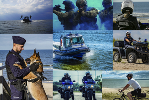 kompilacja zdjęć przedstawiających policjantów różnych pionów służby: przewodnika psa z psem służbowym, policjantów na motocyklach, na łodzi, na motocyklu, na rowerze, policyjnych kontrterrorystów
