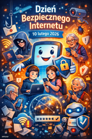 kolorowa grafika przedstawiająca ludzi różnej płci i w różnym wieku, siedzących przed komputerami lub trzymających telefony komórkowe. Na górze napis "Dzień bezpiecznego Internetu, 10 lutego 2026"