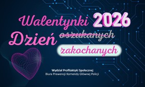 na granatowym tle różowy napis" Walentynki 2026 dzień oszukanych (słowo oszukanych jest skreślone) zakochanych". Pod spodem różowe serce