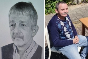 kompilacja dwóch zdjęć: czarno białego legitymacyjnego, przedstawiającego starszego siwego mężczyznę z wąsami oraz kolorowego przedstawiającego siedzącego na dworze na krześle mężczyznę w średnim wieku z ciemnymi włosami i wąsami