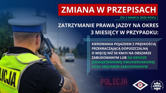 zdjęcie policjanta ruchu drogowego mierzącego prędkość pojazdów za pomocą ręcznego miernika prędkości. Obok napis:"Zmiana w przepisach od 3 marca 2026 roku..."