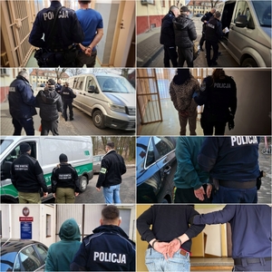 kompilacja ośmiu zdjęć przedstawiających policjantów z zatrzymanymi osobami