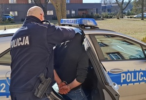 skuty kajdankami mężczyzna wchodzi do radiowozu. Policjant przytrzymuje jego głowę, gdy ten się schyla