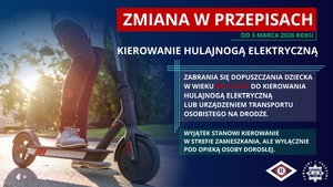 zdjęcie przedstawiające osobę na hulajnodze elektrycznej oraz treść zmian w przepisach prawa dotyczących użytkowników hulajnóg elektrycznych