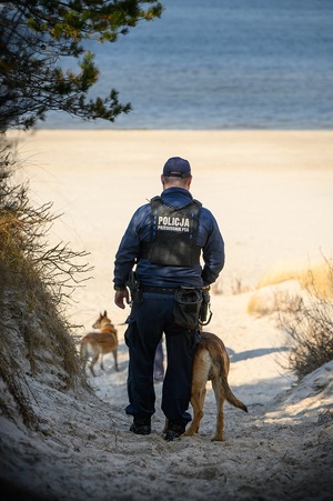 policjant z psem służbowym na smyczy idzie w kierunku morza