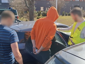 na tylne siedzenie nieoznakowanego radiowozu siada mężczyzna, który ma ręce skute za plecami kajdankami. Obok stoją dwaj policjanci