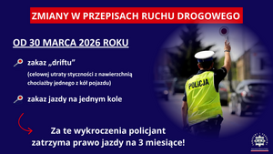 zdjęcie policjanta ruchu drogowego trzymającego uniesioną w górę tarczę do zatrzymywania pojazdów. Obok informacje o zmianach w przepisach ruchu drogowego dotyczące driftu i jazy na jednym kole