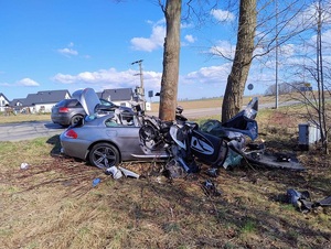 poza jezdnią na pasie zieleni znajduje się roztrzaskany o drzewo samochód osobowy.