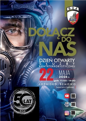 plakat ze zdjęciem policjanta służby kontrterrorystycznej i z napisem "dołącz do nas" oraz ze wskazaniem czasu i miejsca wydarzenia
