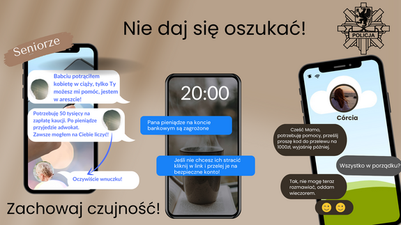 grafika przedstawiająca ekrany trzech telefonów komórkowych z treściami wiadomości SMS dot. pieniędzy. Nad telefonami widnieje napis: "Nie daj się oszukać"