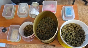 na stole leżą trzy wiadra wypełnione brunatnym suszem roślinnym, siedem plastikowych pojemników z białą zbryloną substancją oraz niebieskimi tabletkami