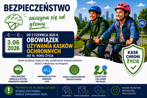 zdjęcie dwojga uśmiechniętych nastolatków na rowerach i z kaskami na głowach. Obok informacje o zmianach w przepisach prawa o ruchu drogowym od 3 czerwca