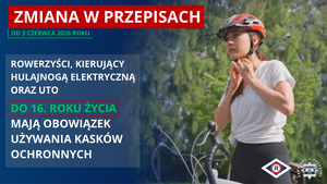 zdjęcie rowerzystki zapinającej kask i informacje o nowych przepisach prawa o ruchu drogowym wchodzących w życie 3 czerwca 2026 roku