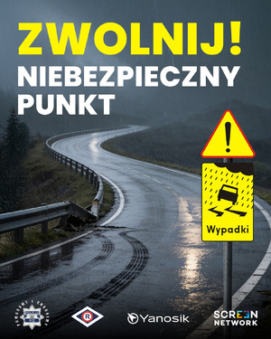 zdjęcie mokrej szosy ze  śladami opon. Na górze napis "Zwolnij, niebezpieczny punkt", obok ostrzegawczy znak drogowy pod którym jest tablica "wypadki"