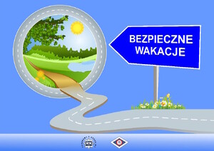 grafika przedstawiająca jezdnię prowadzącą do słonecznego terenu z zielenią. Przy drodze stoi drogowskaz z napisem "Bezpieczne wakacje"
