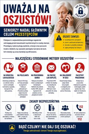 broszura ze zdjęciem zatroskanej seniorki rozmawiającej przez telefon i z informacjami na temat metod, jakimi posługują się oszuści i sposobów im przeciwdziałania