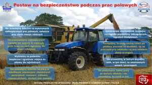 zdjęcie kombajnu w polu i wskazówki dotyczące bezpieczeństwa podczas wykonywania prac polowych