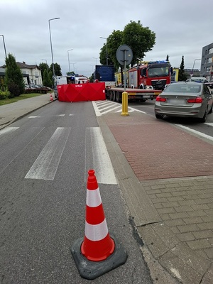 miejsce zdarzenia drogowego. Pora dzienna. Na pierwszym planie znajduje się pachołek ustawiony na jezdni przed przejściem dla pieszych. Za nim w poprzek ulicy przy przejściu dla pieszych stoi nieoznakowany radiowóz BMW. Przed nim stoi pojazd ciężarowy z pustą częścią ładunkową. Po lewej stronie ciężarówki na jezdni rozstawiony jest parawan straży pożarnej. Przy parawanie widać policjantów ruchu drogowego i strażaków. Przy lewej krawędzi jezdni stoi policyjny oznakowany radiowóz, za nim karetka pogotowia