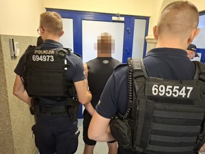 dwaj policjanci służby patrolowej, a pomiędzy nimi mężczyzna z rękoma skutymi za plecami kajdankami. Stoją przed wejściem na korytarz pomieszczenia dla osób zatrzymanych