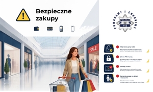 grafika przedstawiająca kobietę z wózkiem sklepowym w galerii handlowej. Na górze znak ostrzegawczy z wykrzyknikiem w środku i napis "Bezpieczne zakupy". Z prawej strony wskazówki dotyczące bezpiecznych zakupów